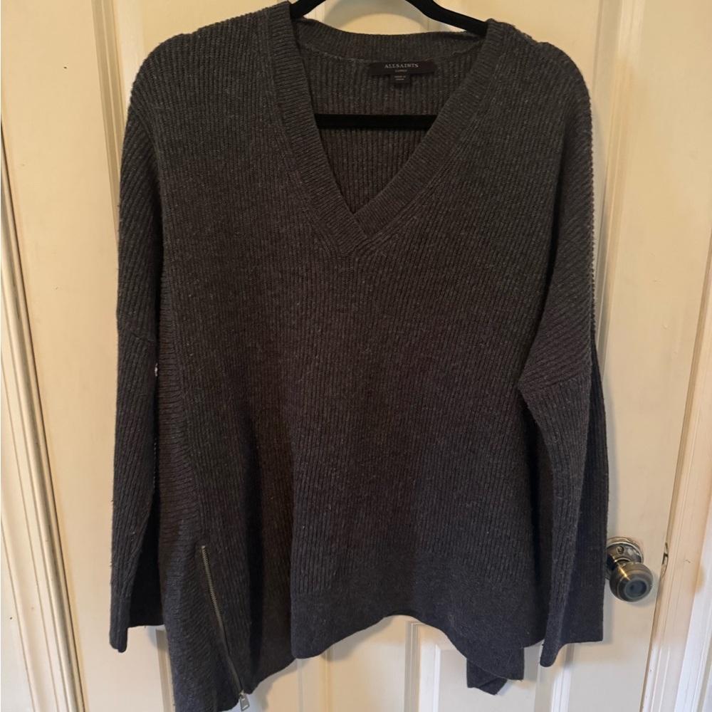 All Saints Dark Charcoal Ribbed V-Neck Women's Sweater